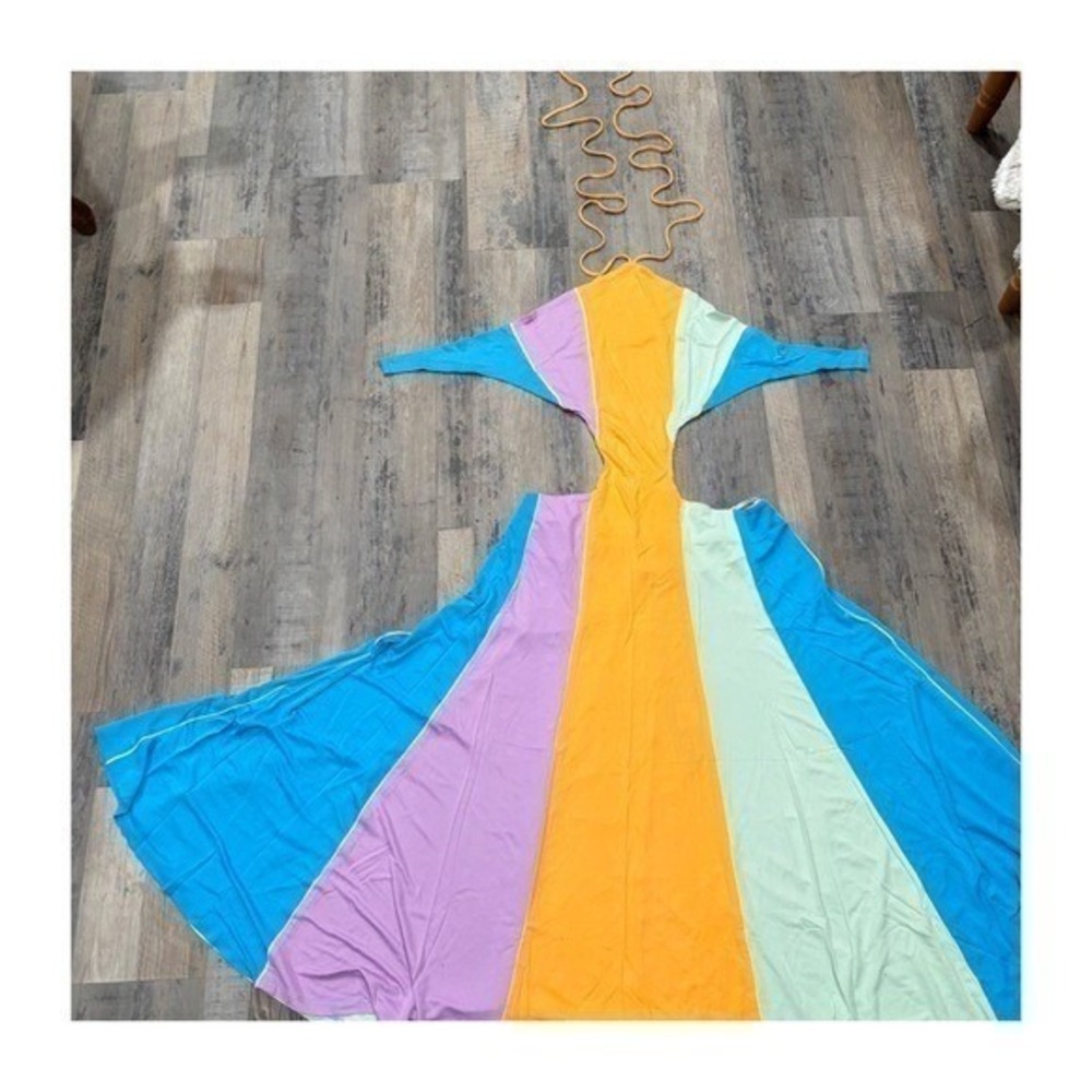 Farm Rio Colorblock Cutout Halter Maxi Dress Multi Color Open Back Boho Summer - Picture 2 of 8